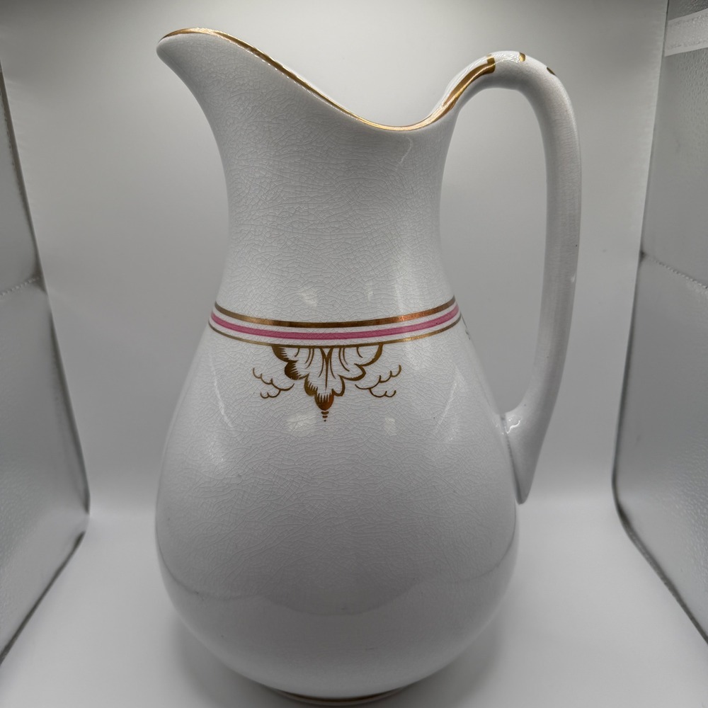 Antique G.P. Co. Ironstone‎ Pitcher White Gold Pink Gilt Crazed Victorian Ewer